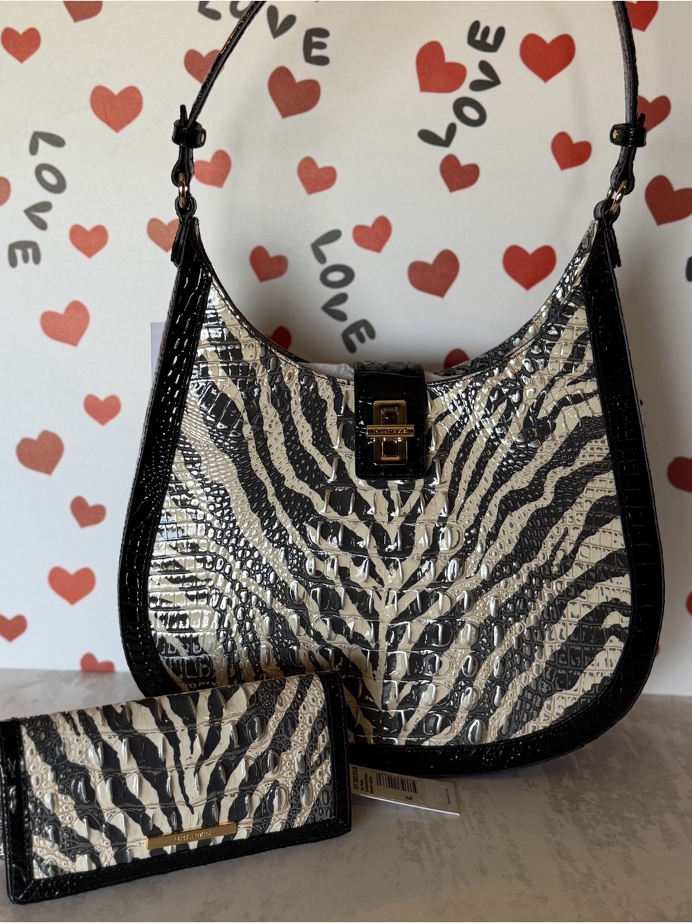 Zebra-Print Croc-Embossed Shoulder Bag with Matching Wallet - Black & Cream - Picture 3 of 12